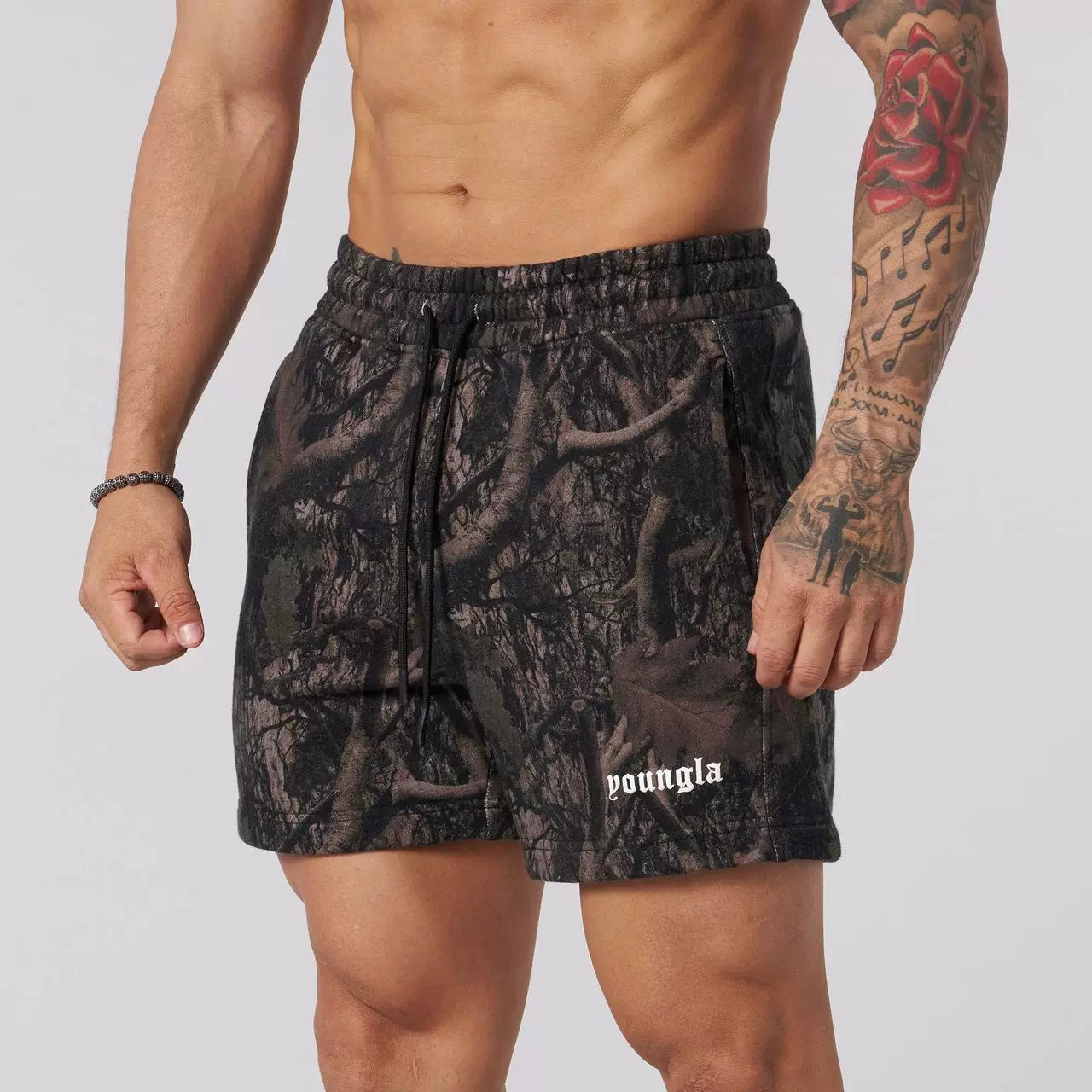 YOUNG LA American style withered leaf shorts men's casual camouflage summer retro letter loose fitness sports beach pants