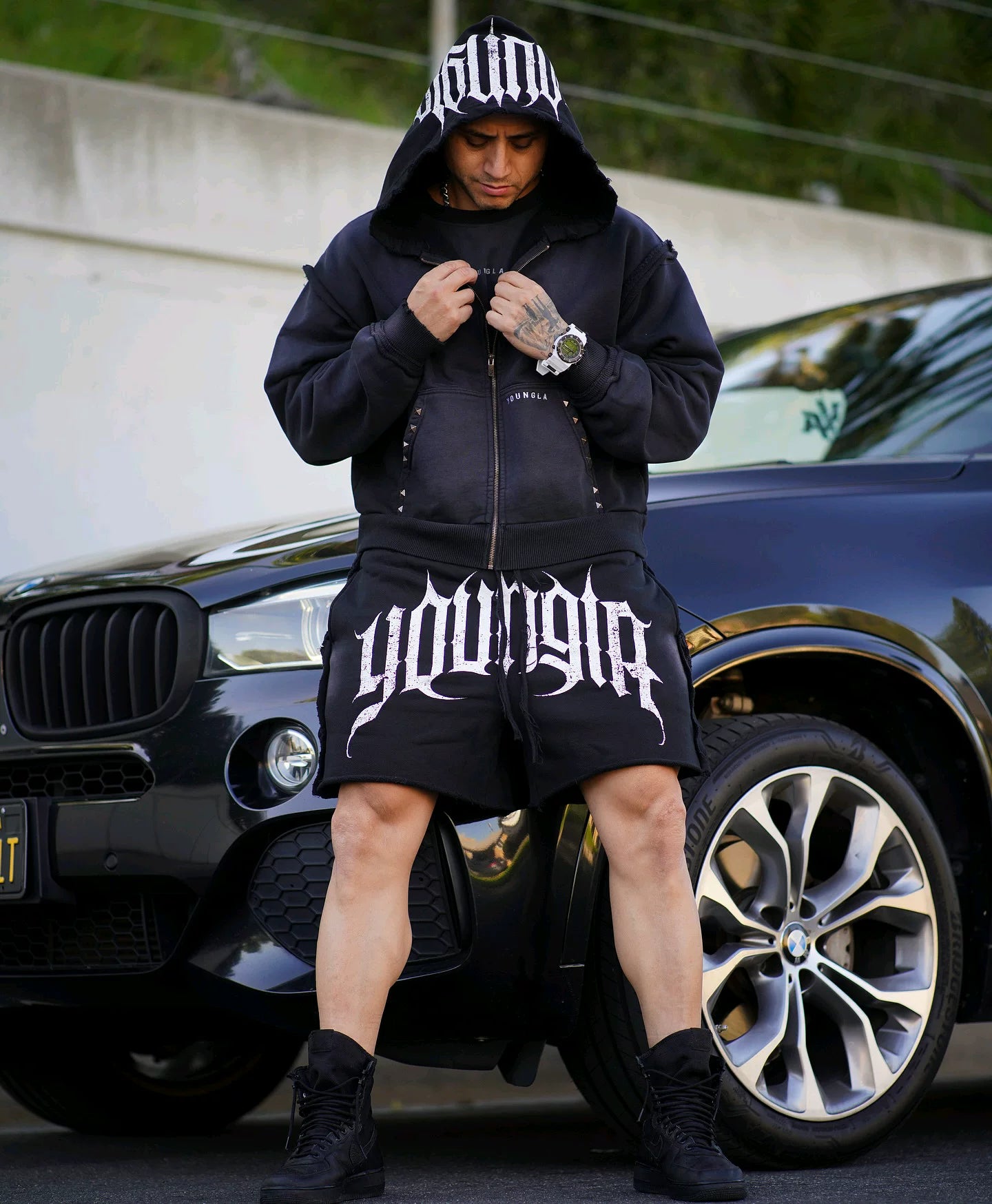 Youngla trendy brand American retro rolled edge sports shorts men's loose casual running fitness four or five minute shorts